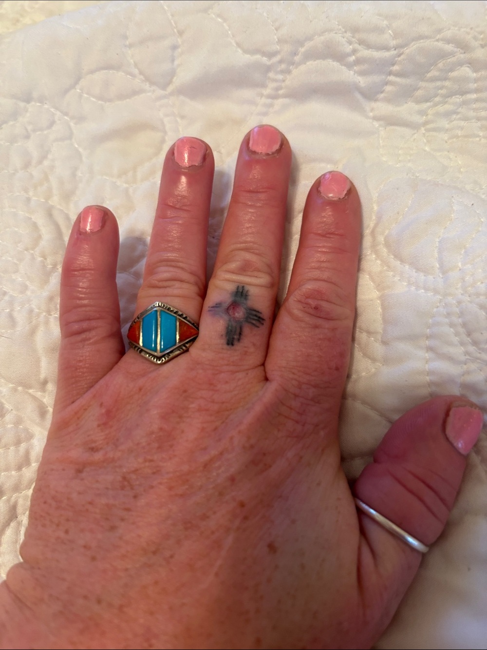 Authentic Navajo red coral, turquoise ring